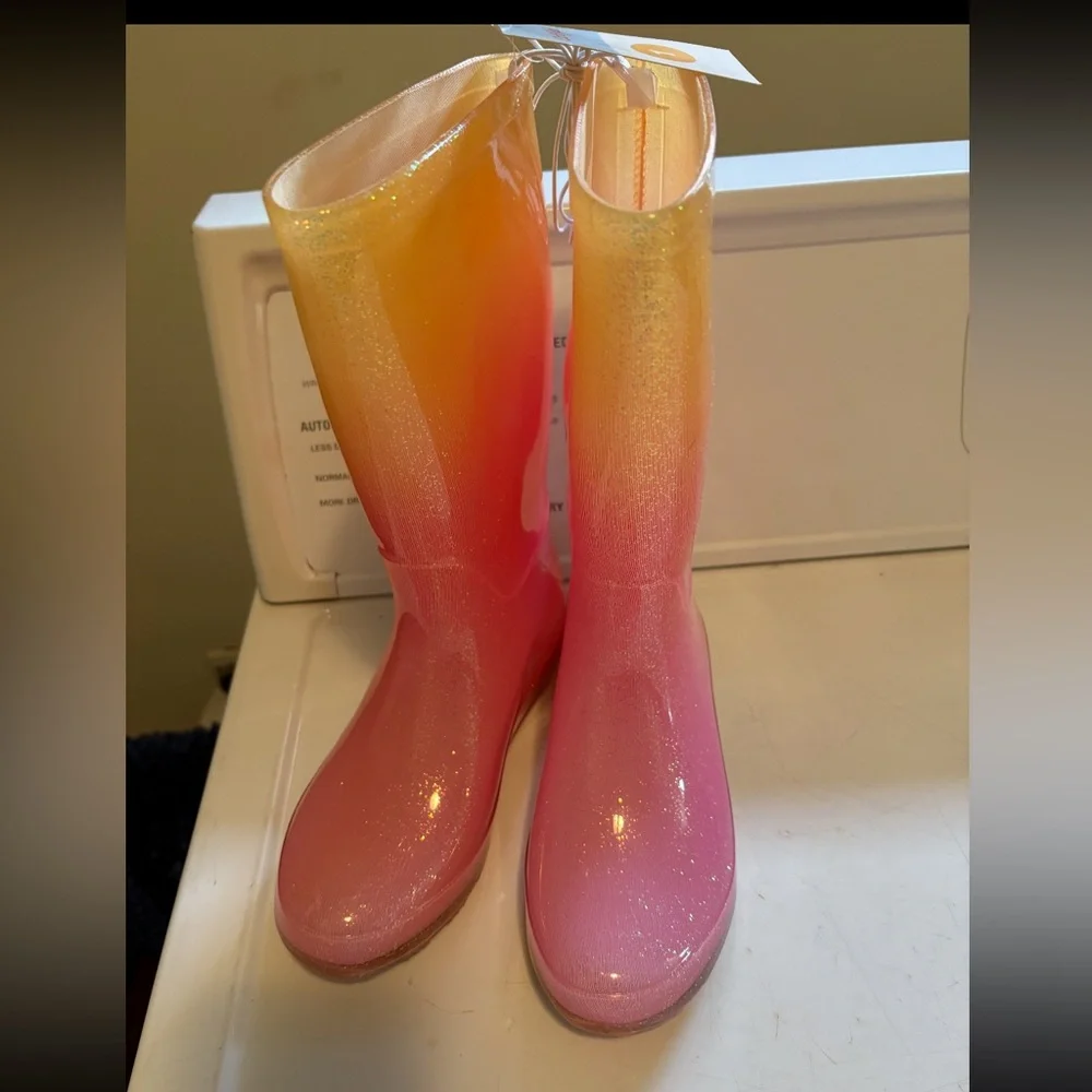 New Cat & Jack glitter Pink and Orange Kids Rain Boots size 1